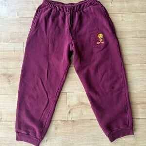 Vintage Warner Bros Tweety Bird Joggers Maroon Sweatpants Adult M 90s